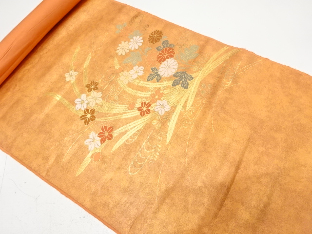 JAPANESE KIMONO / ANTIQUE BOLT FOR NAGOYA OBI / SILK / WOVEN KIKU & NARCISSUS